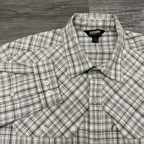 Blackhawk Brown Tan Mens Medium Button Up Long Sleeve Tartan Techwear Shirt - Picture 1 of 9